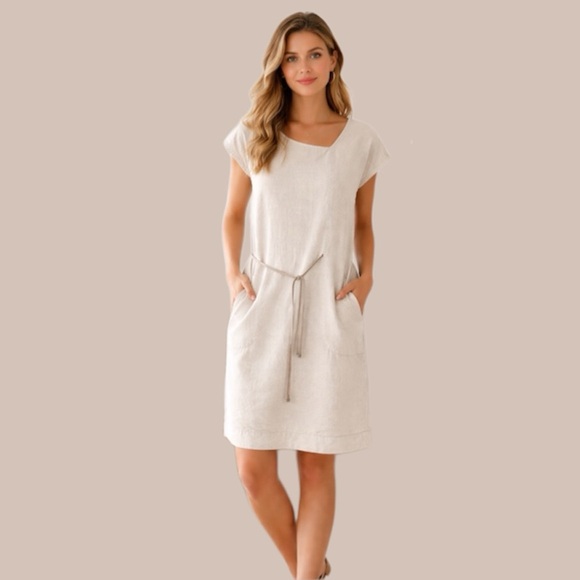 Sandwich Linen Dress EU 38 Beige Minimalist Shift Tie Waist Pockets Neutral - Picture 2 of 14